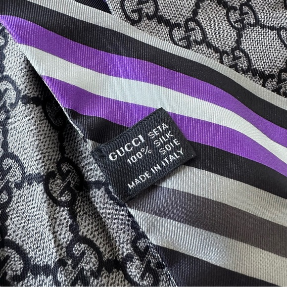GUCCI 100% Silk Monogram Gray & Purple Stripe Skinny Neck Scarf w/Box & Ring - Picture 3 of 8